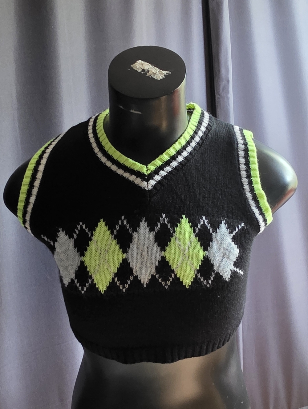 Black Argyle Knit Sleeveless Sweater Crop with Lime Accents Mediem